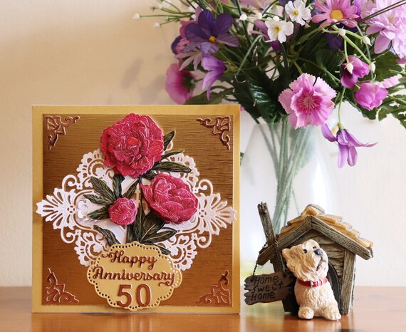 Unique Handmade Wedding Anniversary Card, Golden Wedding, 50 years, die cut, red flowers, 3D decoupage, personalise