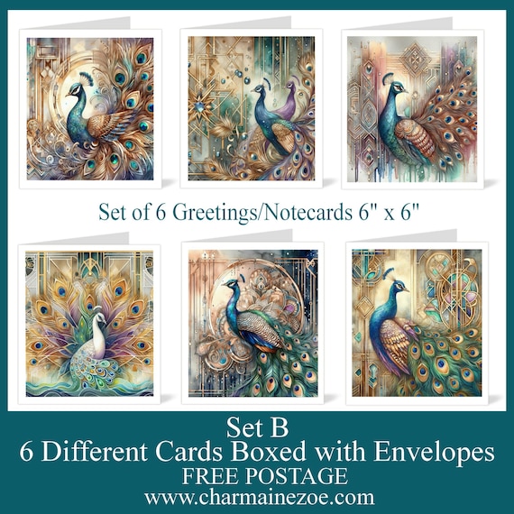 Set of 6 Art Deco Peacock Greeting or Note Cards, Blank 6" x 6" with Envelopes, Optional Gift Box, Postage Free (Set B )