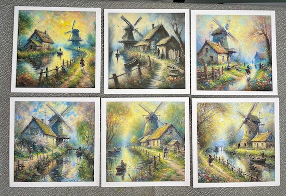 Pack of 6 Notelet Cards with Envelopes, Blank, Windmill and Canal Set D