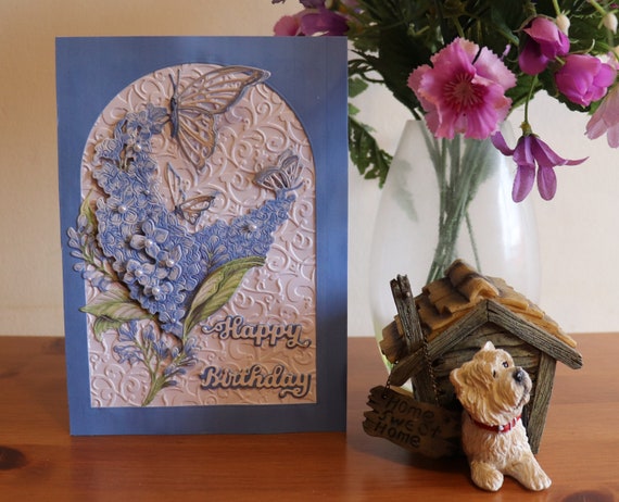 Handmade Decoupage Birthday Card, 3D Blue Lilac Blossom with Butterflies