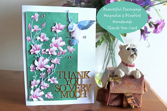 Unique Handmade Thank You Card with 3D Decoupage Magnolia Flowers and Bluebird