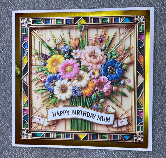 Handmade Birthday Card for Mum, Dimensional, Personalised, Art Deco, Bouquet of Flowers