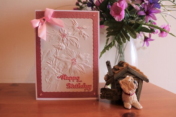 Handmade Embossed Floral Birthday Card: Pink Bow & Jewels, Personalize