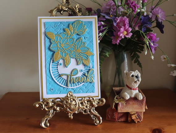 Unique Handmade Thank You Card, Turquoise Blue and Gold magnolia flower with embossed woven effect background