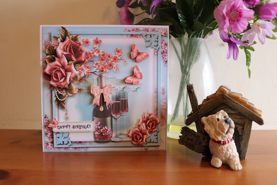 Handmade Birthday Card, 3D decoupage flowers and butterflies, wine bottle and glasses