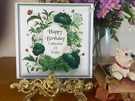 Unique Personalised Birthday Card in a Wreath of Green Peonies. Free Postage