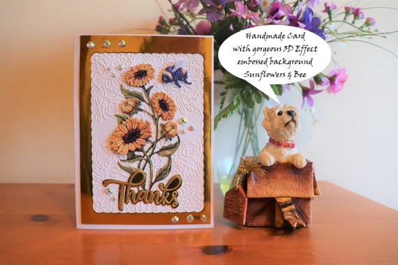 3D Thank You Card, Unique Handmade Card, Sunflowers and Bee, Floral Embossed Background