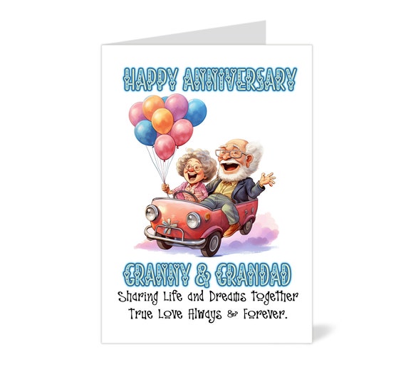 Personalised Grandparents Anniversary Card, Humerous Couple in Car. can be left Blank or Message Inside Card at no extra cost, Free Postage