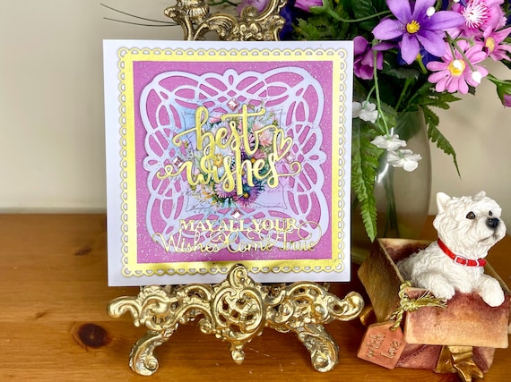 Handmade Birthday Card with ornate die cut frame & sentiments on a glittery pink background in a gold frame