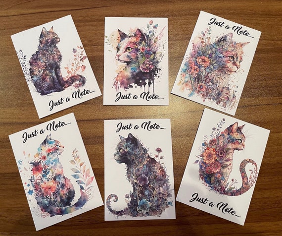 Pack of 6 Notelet Cards of Cats with a  Fantasy Floral theme. Blank or Optional Text - Just a Note..., Thank You, Thinking of You or Hello,