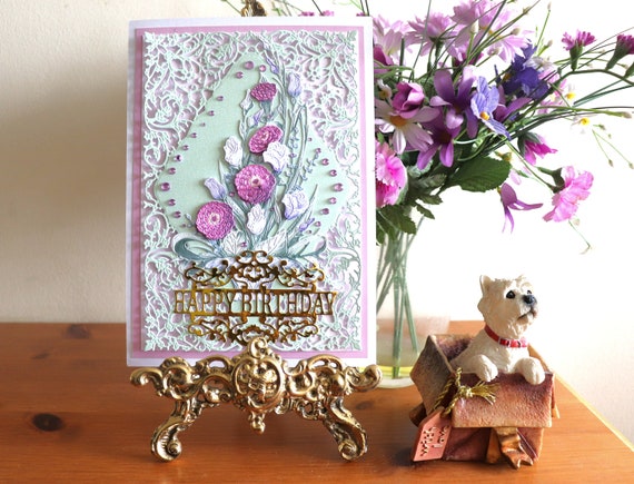 Unique Handmade Birthday Card on an ornate die cut background, 3D Decoupage Vase of Flowers, Fancy Gold Sentiment and faux gems