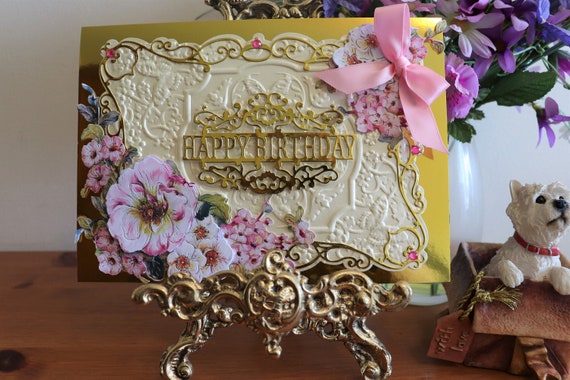 Large Luxury A5 Handmade Birthday Card, Ornate Embossing, Die cut panel and 3D Floral Decoupage with fancy Gold Sentiment