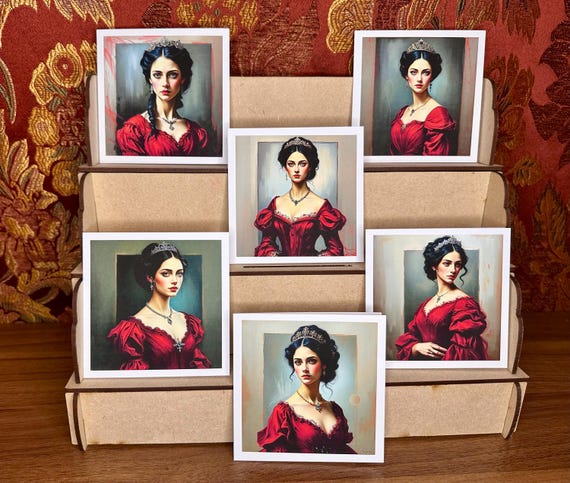 Pack of 6 Notelet Cards with Envelopes, Vintage Ladies in Red, Blank, Six Different Designs, Free Postage.