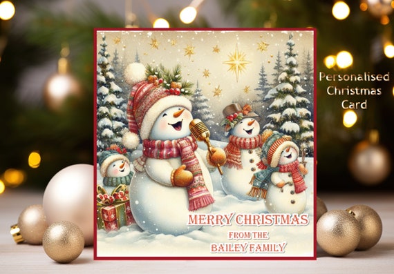 Personalised Christmas Card, Colourful and Jolly Snowmen, 6" x 6" Square, Can be TO or FROM with Any Name or Names or Family Name.