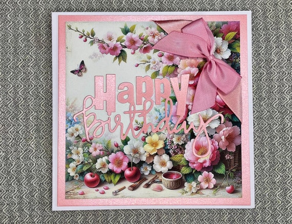 Unique Handmade Birthday Card, Pretty female card with pink blossom with ribbon and bow