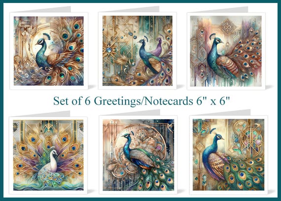 Box of 6 Art Deco Peacock Greeting or Note Cards, Blank 6" x 6" with Envelopes, Postage Free (Set B )