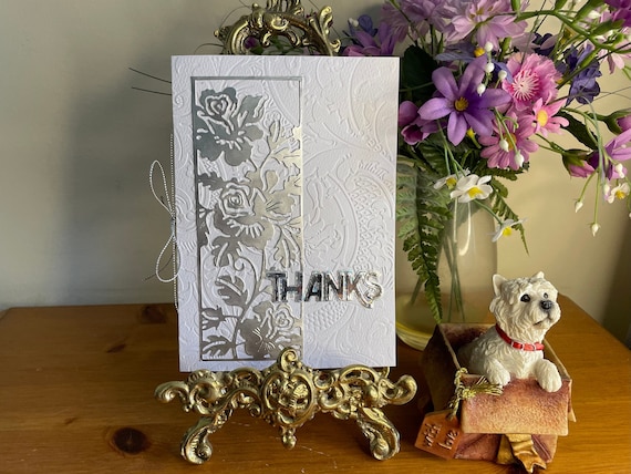 Unique Handmade Thank You Card, Silver Floral Panel of Roses on a White Embossed Background with a Die-Cut Sentiment