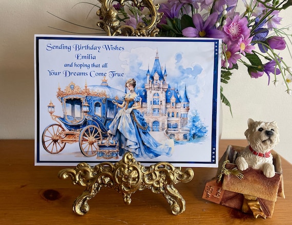 Handmade Personalized Princess Birthday Card: Turquoise Blue Castle