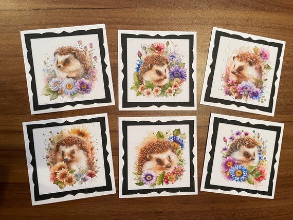 Pack of 6 Luxury Note Cards with Envelopes -  cute Happy Hedgehogs in Flowery Frames - Set B