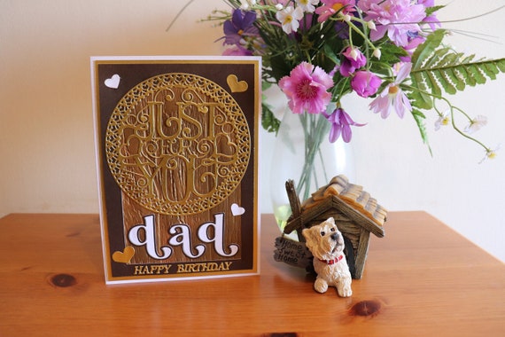 Handmade Dad Birthday Card with large gold medallion Just for You, wood effect background with gold and white hearts