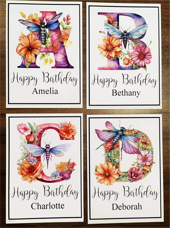 Personalised Fancy Initial and Name Birthday Card, Dragonflies and Flowers, Unique, any Initial and Name