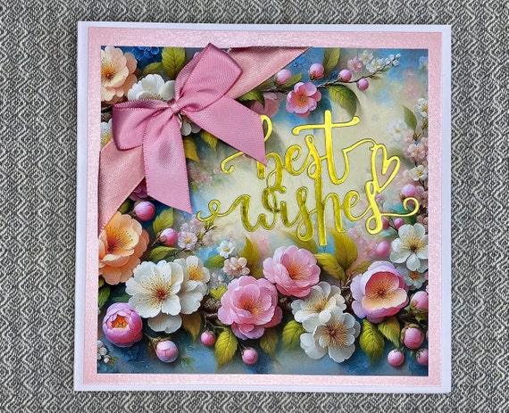 Unique Handmade Birthday Card, Pretty female pink blossom with ribbon and bow