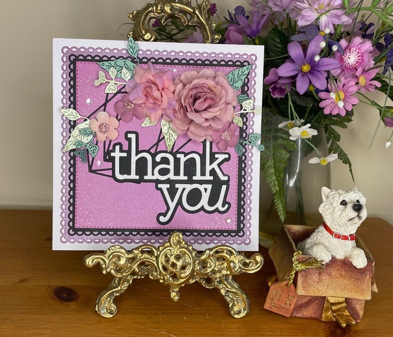 Boxed 3D Thank You Card, Unique Handmade Floral card with glittery pink  background