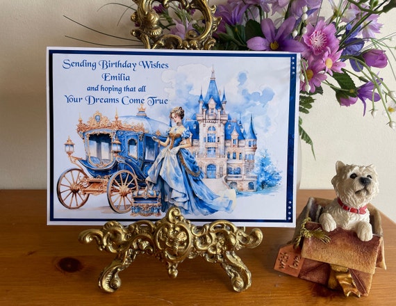 Large A5 size Unique Handmade Personalised any Name Birthday Card, Turquoise Blue Fantasy Princess and Castle