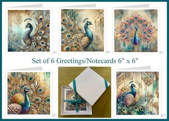 Set of 6 Art Deco Peacock Greeting or Note Cards, Optional Gift Box, Blank 6" x 6" with Envelopes, Postage Free (Set C)