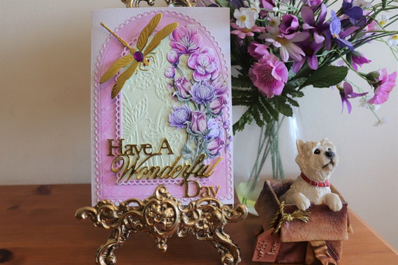 Unique Handmade Birthday Card, Wedding Card, Anniversary Card, with Floral Decoupage, 3D Dragonfly and fancy Sentiment