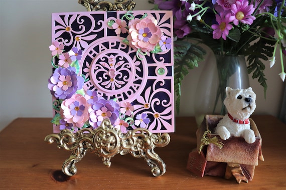 Unique Handmade Birthday Card, Pink & Purple Pearlescent Flowers and Die Cut Panels supplied with a Gift Box and Free Postage