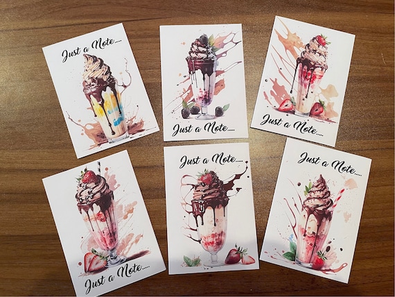 Pack of 6 Ice Cream Sundae Notelet Cards with Envelopes, Blank or Optional Text - Just a Note to Say, Thank You, Thinking of You or Hello,