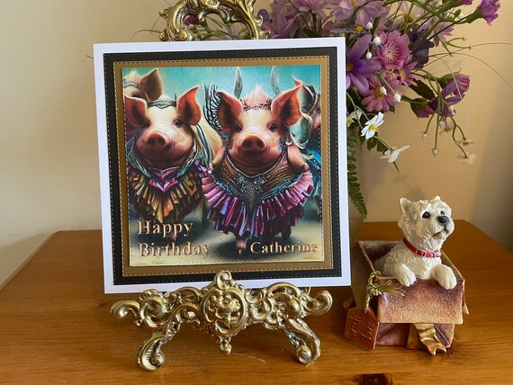 Personalised Name Birthday Card with Funny Pigs in Fancy Dress,