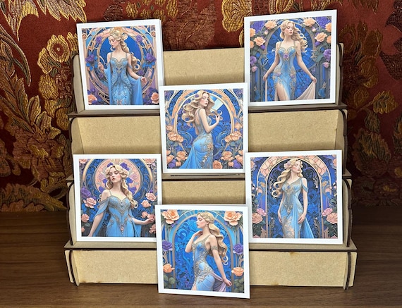 Pack of 6 Notelet Cards with Envelopes, Art Deco Vintage Ladies in Blue, Blank, Six Different Designs, Free Postage.