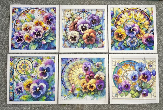 Pack of 6 Notelet Cards with Envelopes, Pansies and Stained Glass, Blank