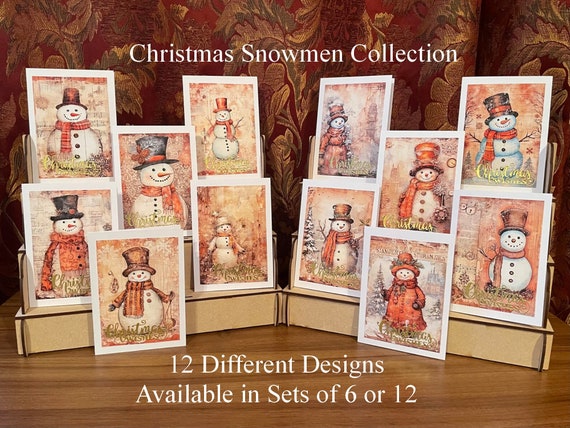 Packs of 6 or Twelve Different Christmas Snowmen Greeting Cards, Available in sets of 6 or 12.