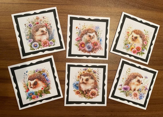 Pack of 6 Luxury Note Cards with Envelopes -  cute Happy Hedgehogs in Flowery Frames - Set A