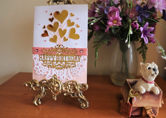 Handmade Birthday Card, Golden Heart Balloons and Ornate Die cut Sentiment, Embossed & Die Cut Ornaments with Pink Ribbon trim