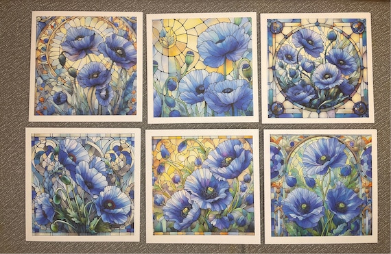 Pack of 6 Notelet Cards with Envelopes, Stained Glass Blue Poppies Art, Blank