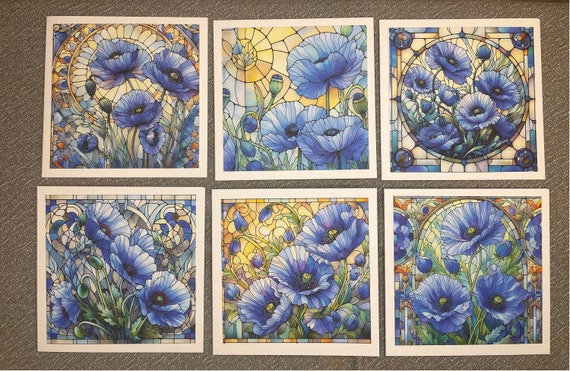 Pack of 6 Notelet Cards with Envelopes, Stained Glass Blue Poppies Art, Blank