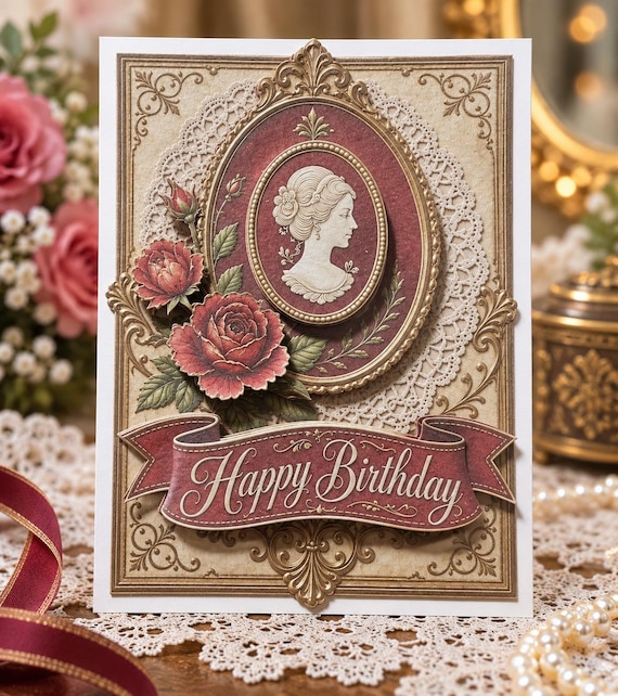 Victorian 3D Decoupage Birthday Card: Roses, Lace, Cameo in a Giftbox