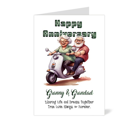 Personalised Grandparents Anniversary Card, Couple on a Scooter. can be left Blank or Message Inside Card at no extra cost, Free Postage