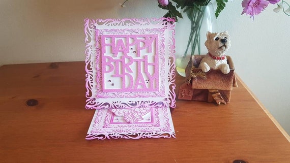 Unique handmade Birthday Card , Easel Card with pink glitter