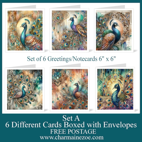 Set of 6 Art Deco Peacock Greeting or Note Cards, Blank 6" x 6" with Envelopes, Optional Gift Box, Postage Free (Set A)