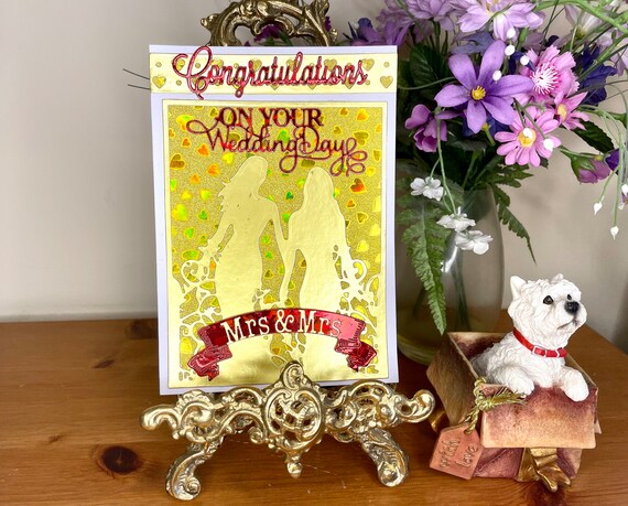 Lesbian Wedding Card, Mrs & Mrs, Bride and Bride, LGBT Handmade Wedding Card, Holographic Hearts background with fancy Die Cut Sentiments.