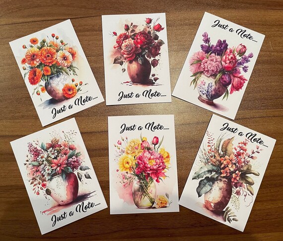 Pack of 6 Flower Vases  Notelet Cards with Envelopes, Blank or Optional Text - Just a Note..., Thank You, Thinking of You or Hello,