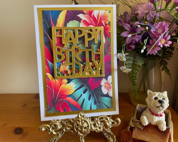 Handmade Birthday Shaker Card with Tropical Flowers Background