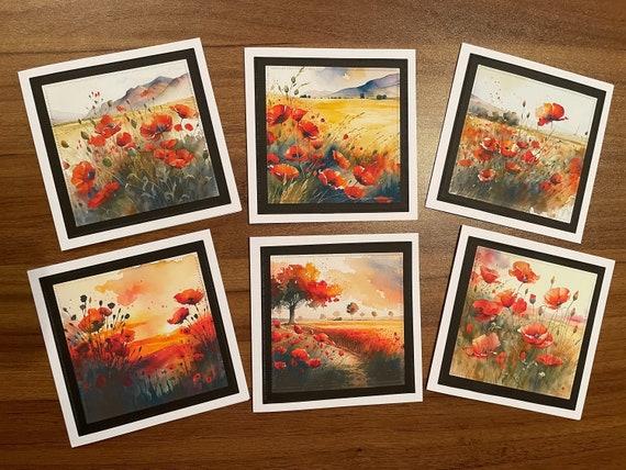 Pack of 6 Luxury Note Cards with printed and mounted images of six beautiful scenes of poppy fields