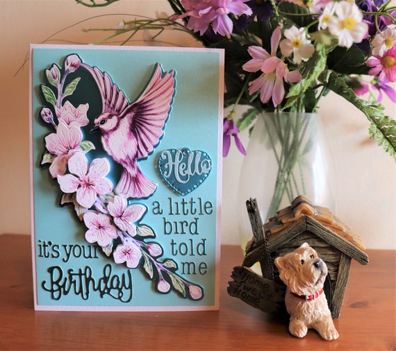 Unique Handmade Birthday Card, 3D Decoupage Bird & Cherry Blossom