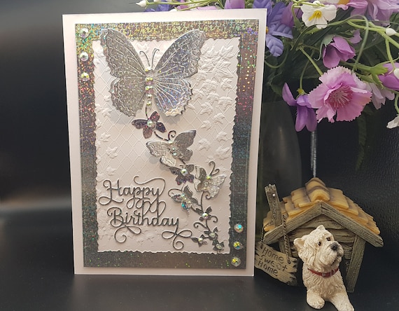 Large Handmade Birthday Card, Glittery Eye Catching Butterflies on Embossed Ivy background